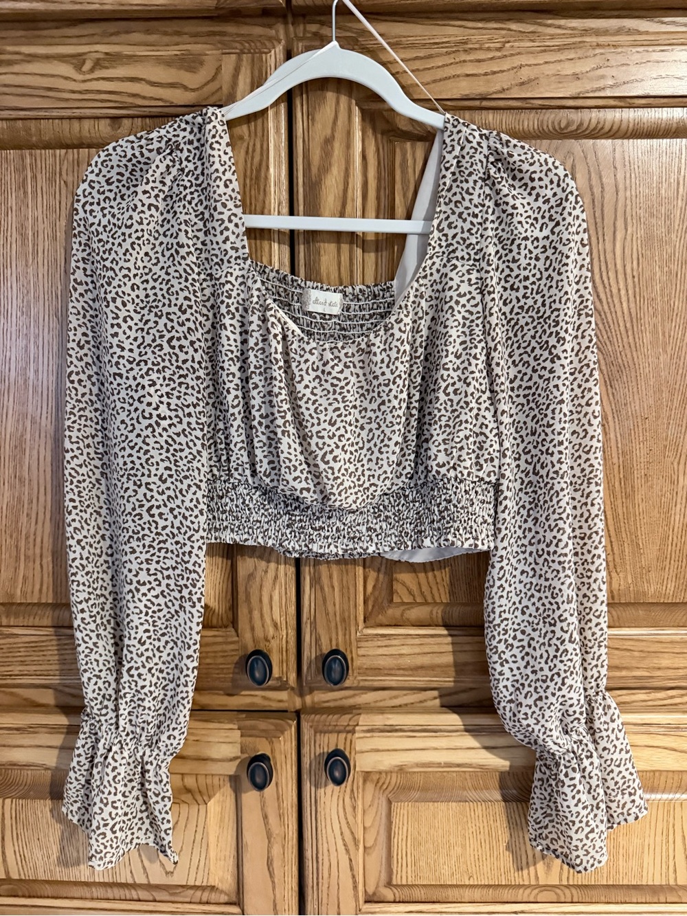 Altar'd State Beige and Brown Leopard-Print Smocked Crop Top